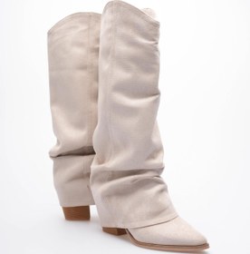 Resim Mubiano Kadın Süet Çizme Körüklü Çekme Western Bej Merina 