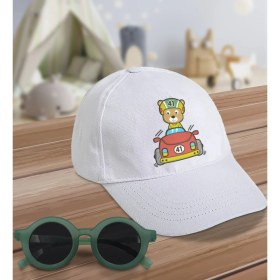 Resim BK Kids Yarışçı Ayı Tasarımlı Beyaz Cotton Çocuk Şapkası ve Yeşil Çocuk Güneş Gözlüğü Hediye Seti 