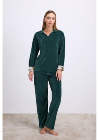 Resim Man11555-1069 Anil Ev Giyim Anıl Kadın Uzun Kollu Kadife Sweatshirt Ve Pantolon Takım Yumuşak Ve Şık Ev Giyimi 11555 Koyu Yeşil 