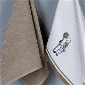 Resim Mutfak Havlusu, 40x60 cm, 2'li Set, Aşçı Nakışlı, Beyaz-Bej 