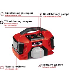 Resim Einhell PRESSITO 18/21 Power X-Change Akülü Hava Kompresörü (18 V, Maks. 10.5 Bar, 21 l/dk Emiş Gücü, 18000 rpm Motor Hızı, Yağsız, Akü dahil değildir) - 4020467 