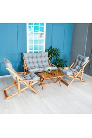 Resim Reyo Bysay Ahşap Katlanabilir Taşinir Puf Minderli Kollu Şezlong Plaj Bahçe Teras Balkon Sandalyesi Koltuğu Takimi 4 Lü Set Gri 