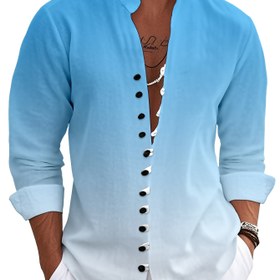 Resim Erkekler için Günlük 3D Gradyan Baskılı Gömlek - Manda Yaka, Ombre Maviden Beyaza Düğmeli, Makinede Yıkanabilir Her Mevsim Dış Mekan & Günlük Kıyafet, Şeffafsız Kumaş 