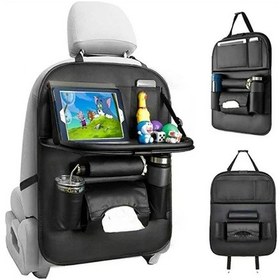 Resim Katlanabilir Araba Koltuğu Düzenleyici Deri Saklama Çantası Masa Tepsisi İpad Bardak Tutucu 