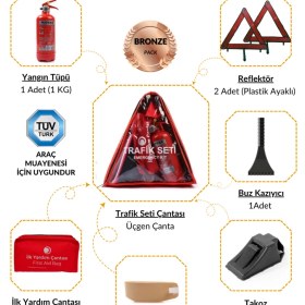 Resim Üçgen Trafik ve Ilk Yardım Seti - Muayene Uyumlu 1 kg Araç Yangın Tüpü - 2 Adet Reflektör - Bronze Pack 