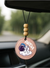 Resim Cekuonline Kişiye Özel İsim Yazılı 1.Sınıf Deri Ahşap Dekorlu Dikiz Aynası Süsü Pudra Pembe - Astronot 