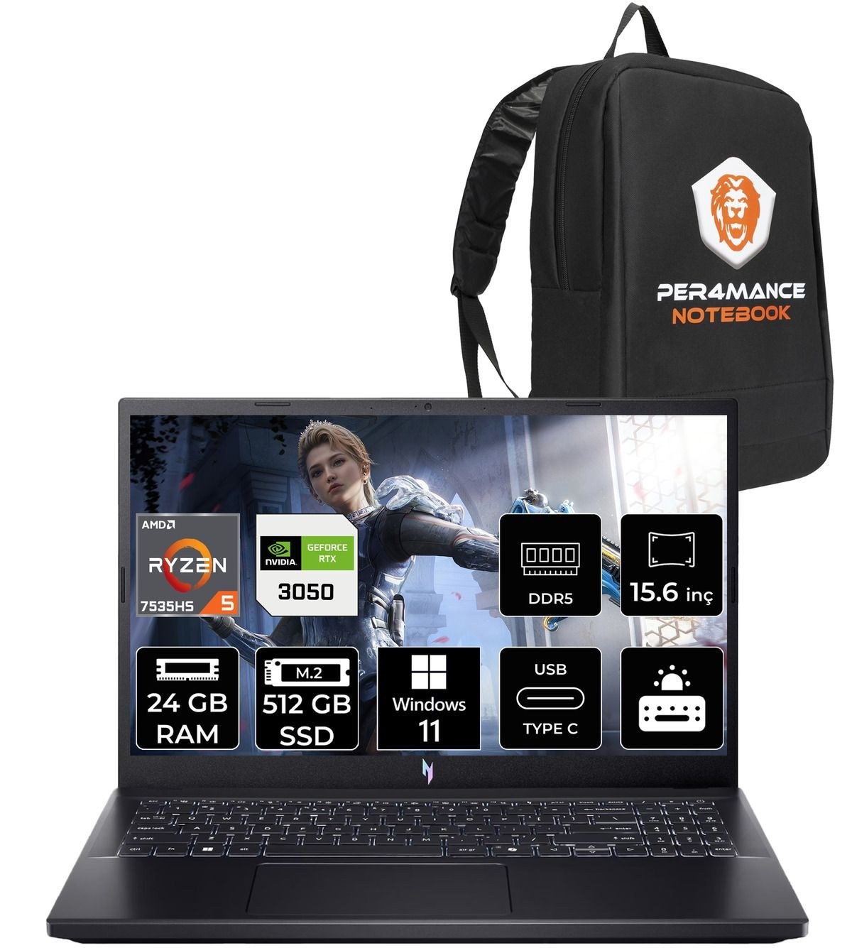 Per4 ACER Nitro V15 R5 7535HS 24GB 512GB SSD RTX3050/6GB 15.6'' 144Hz FHD ...