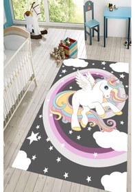 Resim Dijital Baskılı Gri Unicorn Desenli Dekoratif Yıkanabilir Kaymaz Taban Çocuk Halısı Çok Renkli 