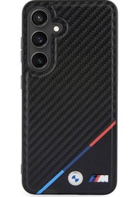 Resim Galaxy S24 Uyumlu Kılıf Bmw Lisanslı Magsafe Özellikli M Logolu Üç Çizgili Pu Karbon Kapak Siyah 