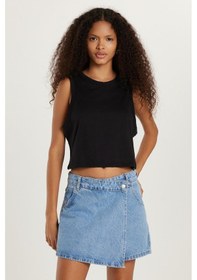 Resim Tudors Kadın Slim Fit Dar Kesim %100 Pamuk Bisiklet Yaka Düz Basic Siyah Crop Atlet-33597 SIYAH 