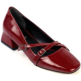 Resim Shoetek Elvinya Kadın Stiletto Kalın Topuklu Çapraz Bantlı Tokalı Küt Burunlu Ayakkabı Bordo Rugan Bordo 