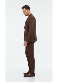 Resim Erkek Slim Fit Mikro Dokulu Takım Elbise Çift Düğmeli Modern Kesim Kahverengi 
