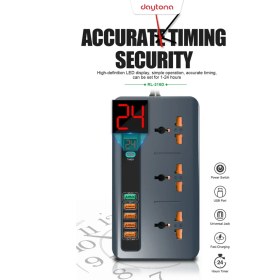 Resim Daytona RL-316D Termal Akım ve Isınma Korumalı 5 USB 5V-3.4A Qc3.0 Girişli LED Ekran Saat Zamanlı Uzatma Kablolu Akıllı Priz 