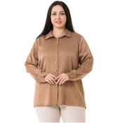 Resim Büyük Beden Saten Dokulu Manşetli Vizon Gömlek Vizon 