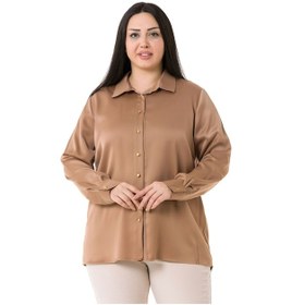 Resim Büyük Beden Saten Dokulu Manşetli Vizon Gömlek Vizon 