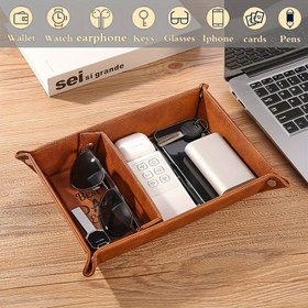 Resim Vintage Suni Deri Düzenleyici Tepsi - Takı, Saatler, Anahtarlar & Daha Fazlası İçin Çok Yönlü Depolama - Sevgililer Günü, Şükran Günü, Babalar Günü İçin Mükemmel Hediye 