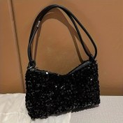 Resim Kadınlar İçin Işıltılı Payetli Küçük Kare Omuz Çantası - Hafif Naylon Kore Modası Fermuarlı El Çantası, Sabit Askı ve Polyester Astarlı, Siyah Gece Klasörü Günlük veya Resmi Etkinlikler için Dayanıklı İç Astar 