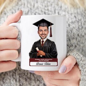 Resim Karikatürlü Üniversiteli Erkek Öğrenci Mezuniyet Kupa Bardak 