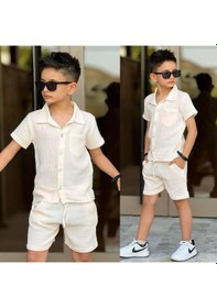 Resim Ay Kids Erkek Çocuk Müslin Gömlek Şort Takım Yazlık Rahat Ve Şık Kombin Bej 11737- 