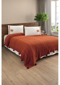 Resim Triko Örme Battaniye Takımı-Nakışlı Yatak Seti-Tivoli Rosetta Kiremit 