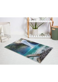 Resim Banyo Halısı Dijital Baskılı Banyo Paspası 50x80 Polyester Kaymaz Tabanlı Duş Paspası Waterfall Mavi 
