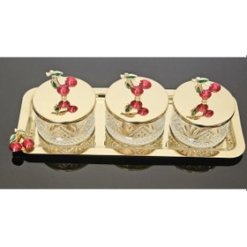 Resim Atabey Home Collection 3'lü Kirazli Gold Tepsili Kase Seti & Şekerlik & Sunumluk & Çerezlik 