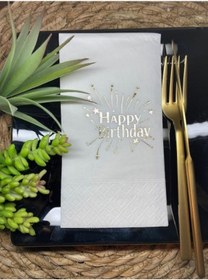 Resim Gold Yaldızlı Beyaz Happy Bırthday Garson Katlama Peçete 16 lı 