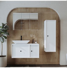 Resim Lavabolu Mat Mdf 90 Cm Çekmeceli Dolabı + Aynalı Dolabı Beyaz Mat Beyaz 