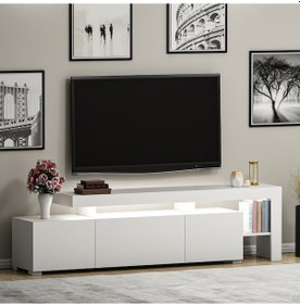 Resim Beliz Modern LED Işıklı 3 Kapaklı, Raflı TV Sehpası – 192 cm, Beyaz 