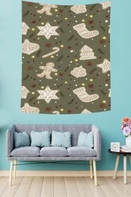Resim Pelangi Yılbaşı Kurabiyeleri Kardan Adam Çam Ağaç Desen Leke Tutmaz Kumaş Duvar Örtüsü Duvar Halısı Tapestry PNTR133, 100 x 140 