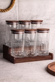 Resim Mira 7 Parça Ahşap Vakumlu Kapaklı Standlı Cam Baharatlık Seti 450 Ml Çok Amaçlı Saklama Kabı Ahşap 