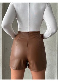 Resim Parçalı Cepli Deri Şort Taba W26312 Taba 