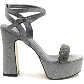 Resim Feles 13 Cm Yüksek Platform Tek Bant Topuklu Taşlı Kadın Abiye Ayakkabı Platin 