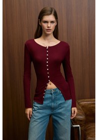 Resim Grimelange Sıllarıe Kadın Uzun Kollu Esnek Kumaşlı Düğmeli Regular Bordo Bluz Bordo 