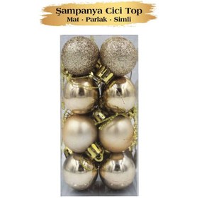 Resim Yılbaşı Top Süs 3 Cm Mat Simli Parlak Şampanya 16lı 