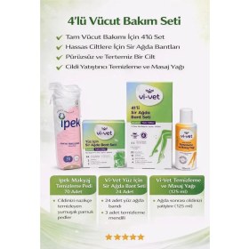 Resim Vi-Vet 4’lü Vücut Bakım Seti Sir Ağda Bant Seti 41’li + Yüz Bandı 24 Adet + Temizleme & Masaj Yağı 125 ml + Ipek Pamuk 70 Adet Hassas Ciltler 