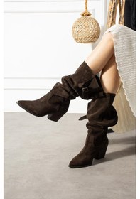 Resim Shoetek Prenis Kovboy Kadın Çizme Yandan Tokalı Hakiki Deri Süet Kahve Süet 