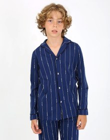 Resim Vitmo Erkek Çocuk Uzun Kollu %100 Pamuklu Düğmeli Pijama Takımı Leo Uzun Mavi 