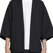 Resim Erkek Kimono Hafif Polyester Japon Kimono Hırka - 3/4 Kollu, Açık Ön, Katı Sarı Siyah, Rahat Yaz Giyimi, Çok Yönlü Giyim | Yetişkin Estetik | Koltuk Altı Dikişleri Tasarımı, Kimono Stili Hırka, Japon Haori Üstleri, Kimono Gömlek 