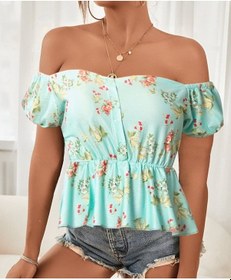 Resim Reka Moda Kadın Kısa Kollu Madonna Yaka Çiçek Desenli Düğme Detay Gipeli Süprem Kumaş Bluz Yeşil 