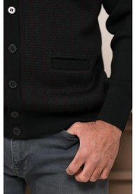 Resim Woolen World Regular Fit V Yaka Ön Cepli Desenli Triko Hırka Siyah 