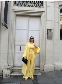 Resim Bonacosa Kadın Viskon 3 Lü Takım Kimono + Beli Lastikli Salaş Pantolon + Sıfır Kol Kolsuz 8 Renk Sarı 