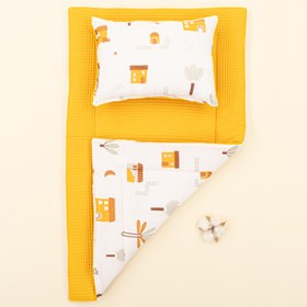 Resim Alt Açma Matı ve Yastık - Çift Taraflı - Hardal Petek - Sarı Ev 