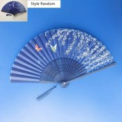 Resim Gateesat Stil 2 Katlanır Mavi İpek Bambu Yelpaze Dantelli Püskül Düğün Dans Dekor 