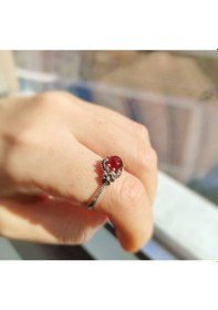 Resim Oriental Kuyumculuk Jewellery Papatya Desenli Akik Taşlı Gümüş Yüzük Gümüş 