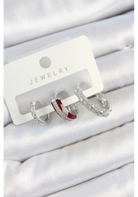 Resim Pirinç Zirkon Taşlı Bordo Pembe Halka Model Gümüş Renk 3'lü Çift Kadın Küpe Set - Tj-bkp10791 Çok Renkli 