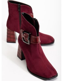 Resim Süet Metal Kemerli Bordo Kadın Topuklu Bot-4210 Bordo 