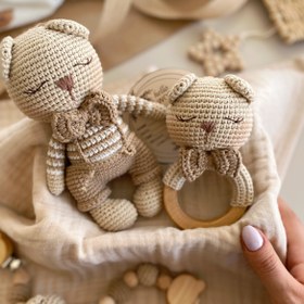 Resim Amigurumi Çizgili Tulumlu Ayıcık - 3 Parça Bebek Seti 