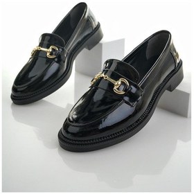 Resim Muggo Sussie Garantili Metal Tokalı Kadın Loafer Günlük Ayakkabı Siyah Rugan 