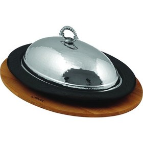 Resim Lava Döküm Oval Döner, Kebap Tabağı Kayın Servis Ahşabı ve Bakır Dövme Formlu Kapak Ölçü 32x23cm. 